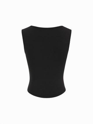 Cotton-blend Square Neck Ruched Lace Trim Crop Tank Top