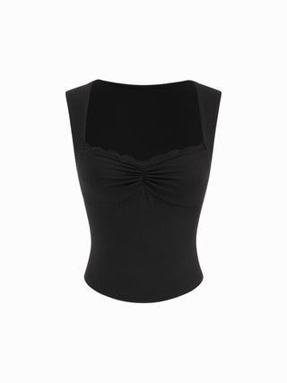 Cotton-blend Square Neck Ruched Lace Trim Crop Tank Top
