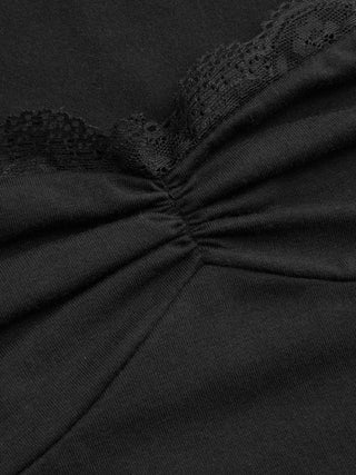 Cotton-blend Square Neck Ruched Lace Trim Crop Tank Top