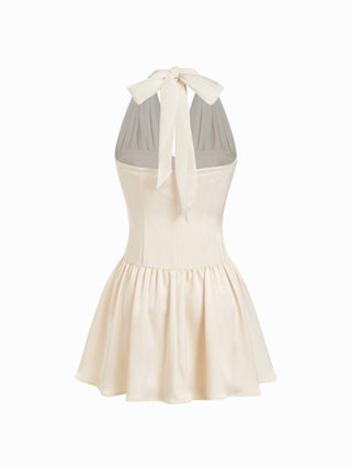 Satin Halter Neckline Ruffled Pleated Slim Mini Dress