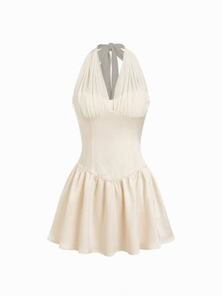 Satin Halter Neckline Ruffled Pleated Slim Mini Dress
