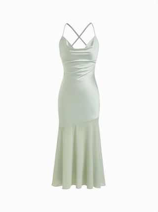 Satin Cowl Neck Ruched Criss Cross Mermaid Maxi Dress