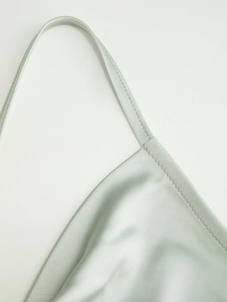 Satin Cowl Neck Ruched Criss Cross Mermaid Maxi Dress