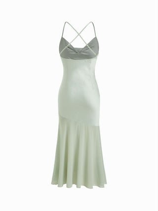 Satin Cowl Neck Ruched Criss Cross Mermaid Maxi Dress