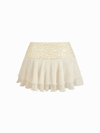 Satin Low Rise Sequin Textured Layered Ruffle Mini Skirt