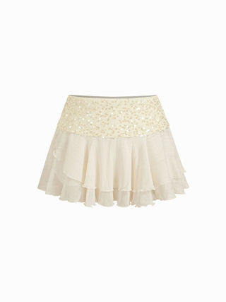 Satin Low Rise Sequin Textured Layered Ruffle Mini Skirt