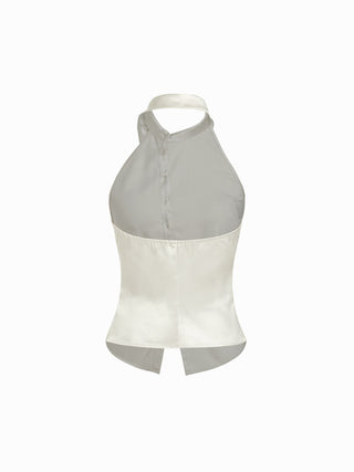 Silk Halter Neck Button Front Cut Out Slim Blouse