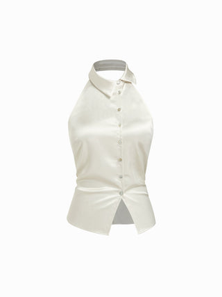 Silk Halter Neck Button Front Cut Out Slim Blouse