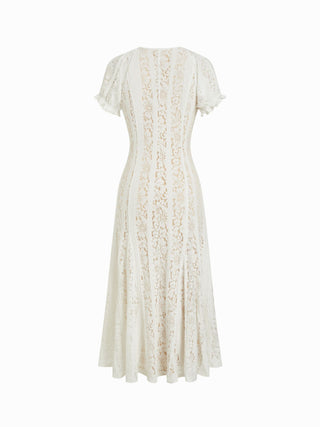 Lace V-neck Ruffle Sleeve Ruched Flared Maxi Dress