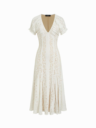 Lace V-neck Ruffle Sleeve Ruched Flared Maxi Dress