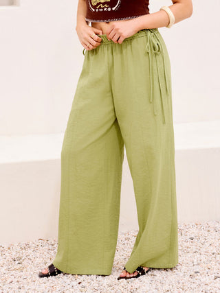 Cotton-blend Mid Rise Drawstring Wide Leg Trousers
