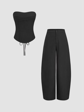 Linen-blend Lace Up Corset Bandeau Top & Mid Rise Barrel-leg Trousers Set