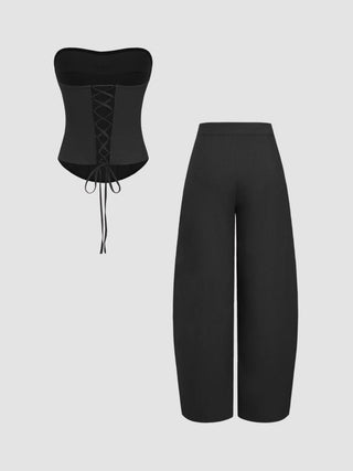 Linen-blend Lace Up Corset Bandeau Top & Mid Rise Barrel-leg Trousers Set