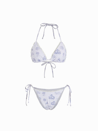 Halter Neckline Placement Graphic Ruffle Bikini with Swim Cap
