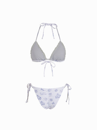 Halter Neckline Placement Graphic Ruffle Bikini with Swim Cap