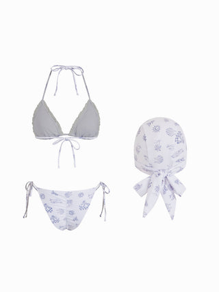Halter Neckline Placement Graphic Ruffle Bikini with Swim Cap