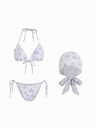 Halter Neckline Placement Graphic Ruffle Bikini with Swim Cap
