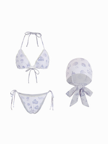 Halter Neckline Placement Graphic Ruffle Bikini with Swim Cap