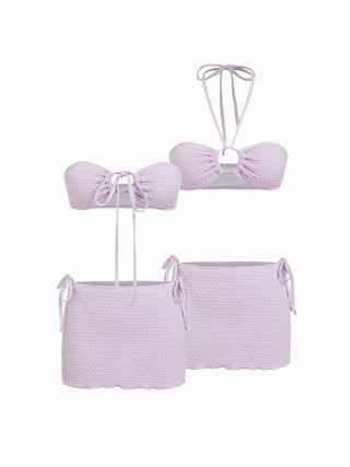 Halter Neckline Textured Ring Linked Bandeau Tie Side Bikini Set With Skirt