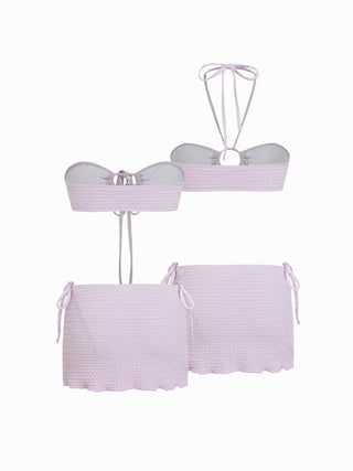 Halter Neckline Textured Ring Linked Bandeau Tie Side Bikini Set With Skirt