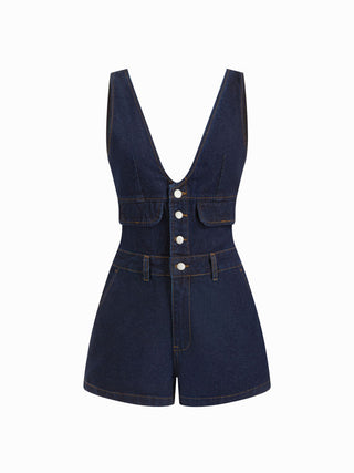 Denim V-Neck Button Front Metal Detail Jumpsuit
