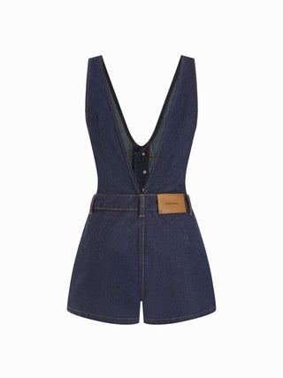 Denim V-Neck Button Front Metal Detail Jumpsuit