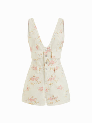 Denim V-Neck Button Front Metal Detail Jumpsuit