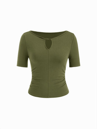 High Stretch Boat Neck Short Sleeve Twist Cut Out Ruched Tee