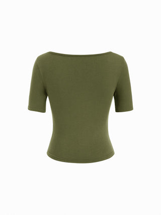 High Stretch Boat Neck Short Sleeve Twist Cut Out Ruched Tee