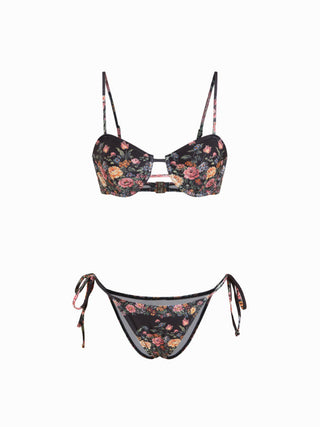 Sweetheart Floral Underwire Low Rise Tie Side Bikini Set With Sarong