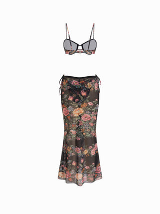 Sweetheart Floral Underwire Low Rise Tie Side Bikini Set With Sarong