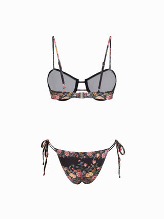 Sweetheart Floral Underwire Low Rise Tie Side Bikini Set With Sarong