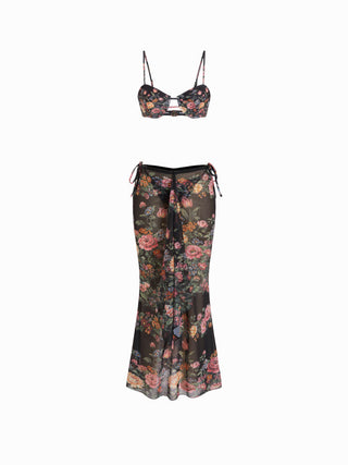Sweetheart Floral Underwire Low Rise Tie Side Bikini Set With Sarong