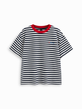 Cotton-blend Striped Contrasting Binding Fish Graphic Embroidery Oversized Tee