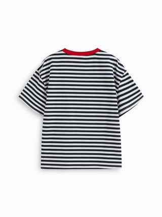 Cotton-blend Striped Contrasting Binding Fish Graphic Embroidery Oversized Tee