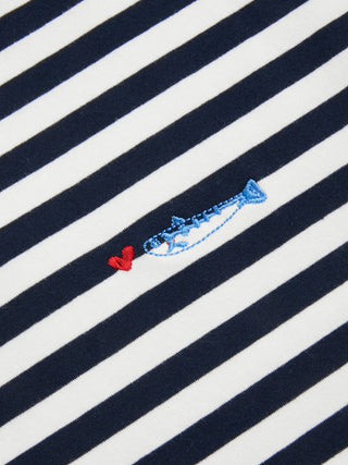 Cotton-blend Striped Contrasting Binding Fish Graphic Embroidery Oversized Tee