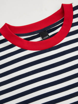 Cotton-blend Striped Contrasting Binding Fish Graphic Embroidery Oversized Tee