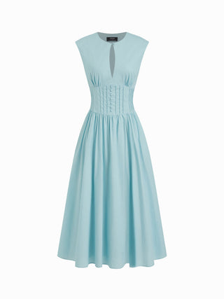 Cotton Sculptural Cut Out Pocket Ruched A-line Maxi Dress