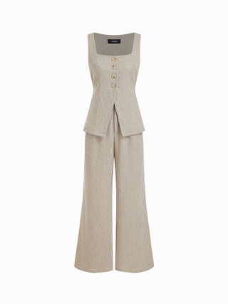 Textured Square Neck Mid Rise Button Wide Leg Jumpsuit