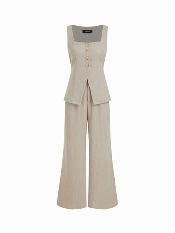 Textured Square Neck Mid Rise Button Wide Leg Jumpsuit