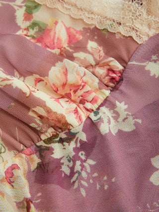 Chiffon Floral V-neck Ruffle Sleeve Lace Trim Asymmetrical Hem Top