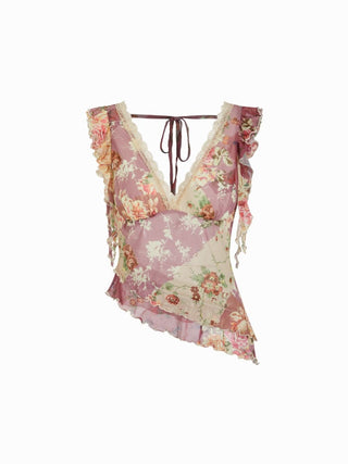 Chiffon Floral V-neck Ruffle Sleeve Lace Trim Asymmetrical Hem Top