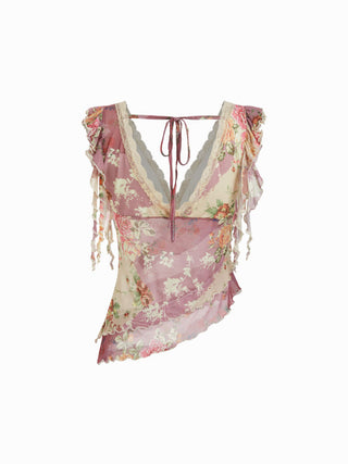 Chiffon Floral V-neck Ruffle Sleeve Lace Trim Asymmetrical Hem Top