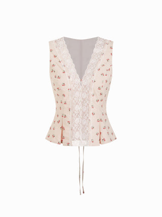 Cotton Floral V-neck Lace Trim Peplum Blouse