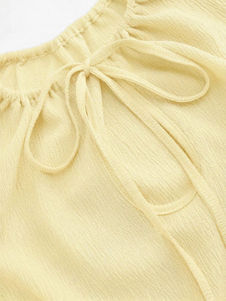 Textured Cut Out Drawstring Ruched Asymmetrical Hem Short Sleeve Top
