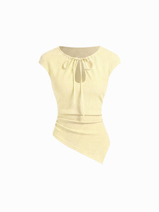 Textured Cut Out Drawstring Ruched Asymmetrical Hem Short Sleeve Top
