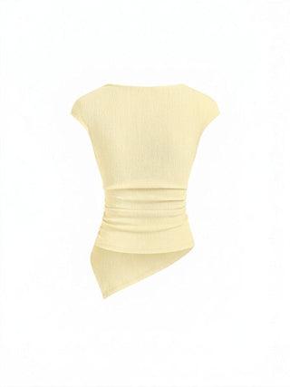Textured Cut Out Drawstring Ruched Asymmetrical Hem Short Sleeve Top