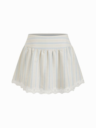 Cotton-blend Mid Rise Striped Lace Trim A-line Mini Skirt