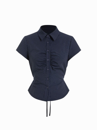Striped Short Sleeve Ruched Drawstring Shirt