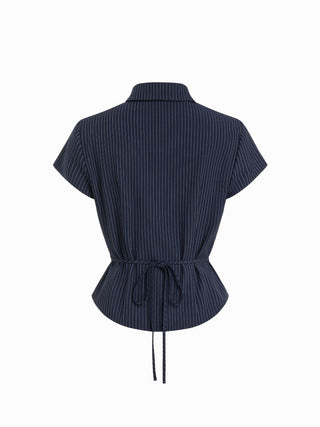 Striped Short Sleeve Ruched Drawstring Shirt
